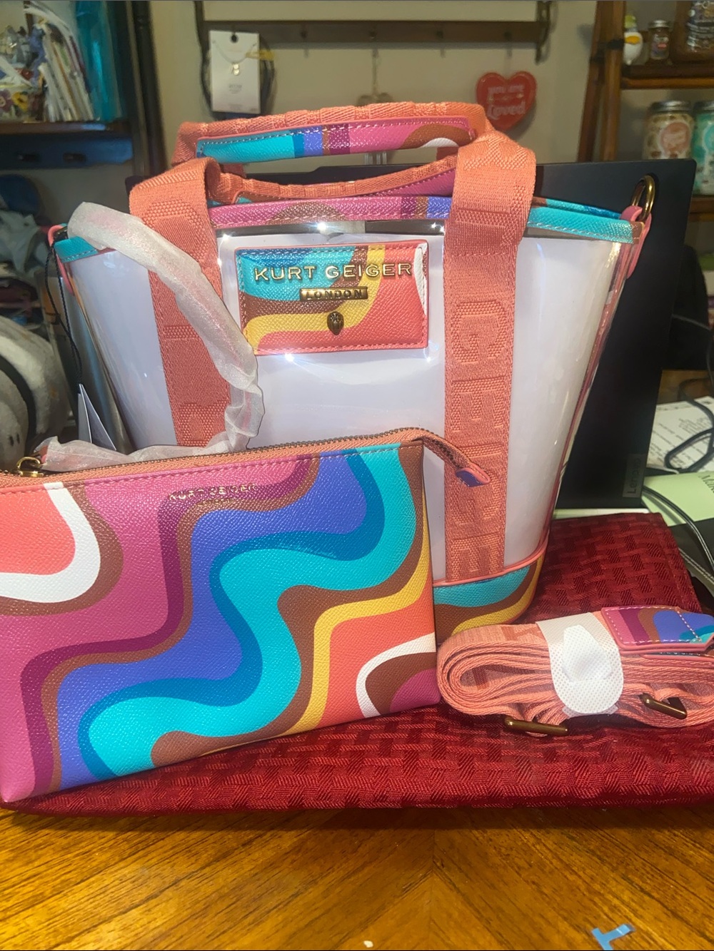 Kurt Geiger Coral and Multi-Color Swirl Tote with Matching Pouch